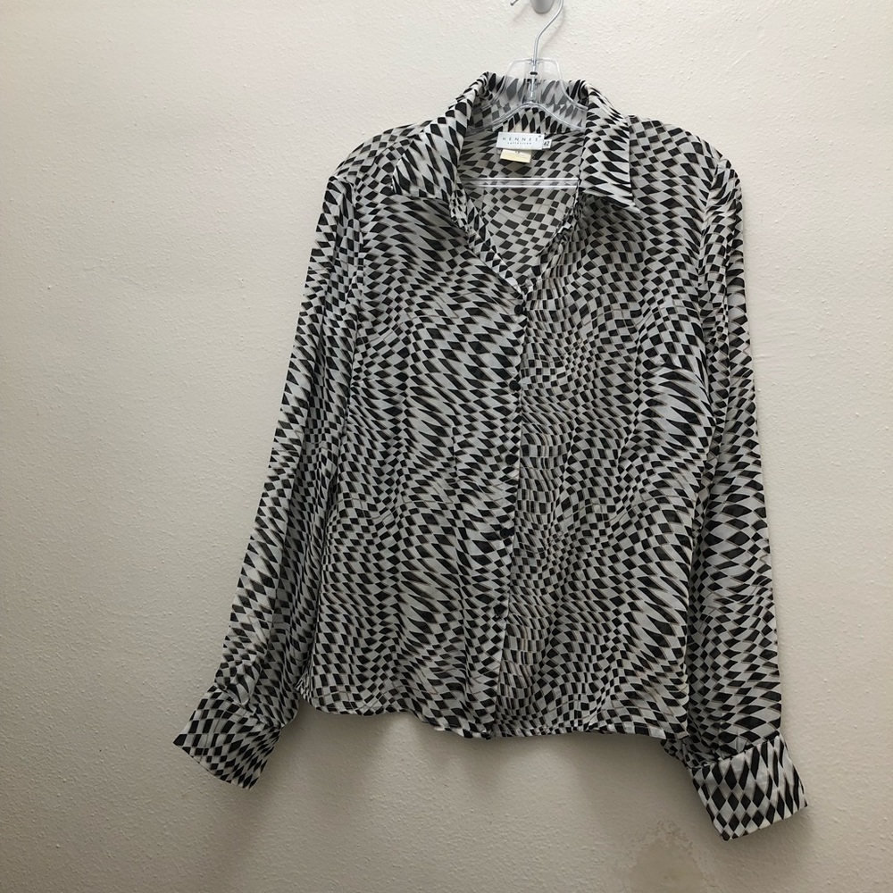 Hennes W Size 12 Black/White Long Sleeve Geometric Collared Button Down Shirt - Picture 6 of 7
